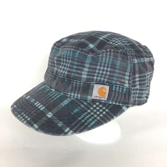 Carhartt Blue Plaid Hat Adjustable One Size Teal Cotton Canvas Streetwear - Picture 1 of 13